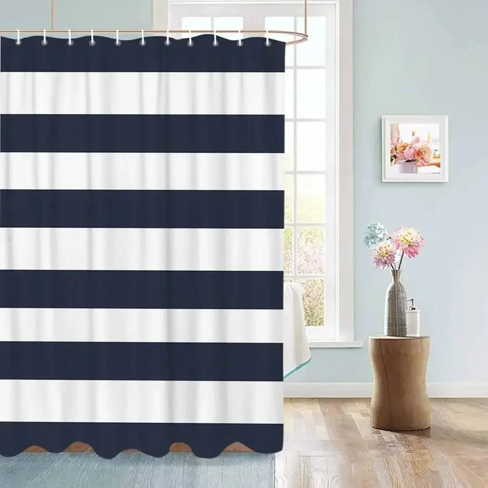 Nautical Stripe Design Navy & White Fabric Shower Curtain 70